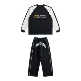 ROCKYROAD童装儿童黑白拼接撞色T恤圆领套头潮牌字母印花打底衫