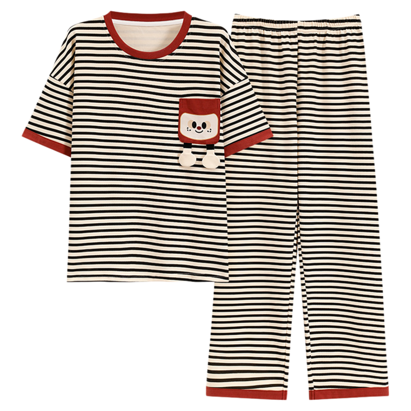 夏季短袖睡衣套装条纹家居服薄款