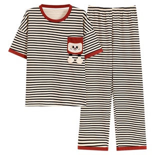 夏季短袖睡衣套装女条纹家居服薄款学生可外穿卡通休闲运动春秋天