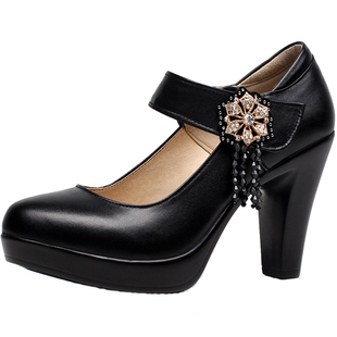 真皮圆头浅口模特鞋粗跟防水台魔术贴花朵串珠高跟皮鞋礼仪高跟鞋
