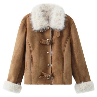 【清仓秒杀】冬季巨好看小个子独特漂亮皮毛一体浅咖立领厚外套女