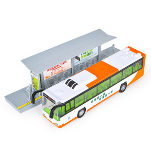 礼盒装仿真公交巴士公共交通合金车模型站台声光回力合金车模玩具