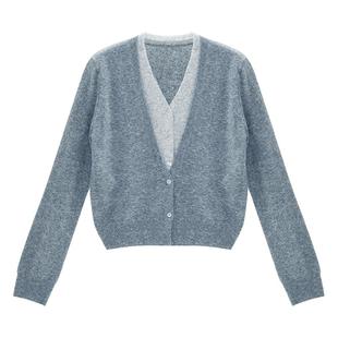 IAmMIX27秋冬V领针织开衫女长袖短款显瘦简约百搭拼色假两件毛衫