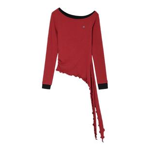 ACMEAURA斜肩一字肩长袖T恤女秋冬辣妹穿搭拼接飘带红色爵士上衣