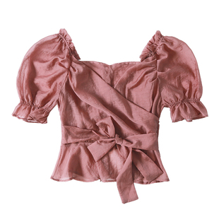 MMENGJA」干枯玫瑰 粉紫温柔绑带交叉V领设计感网纱短袖上衣女夏