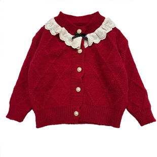 女童毛衣开衫春秋2025新款洋气儿童针织衫外套红色韩版小女孩上衣