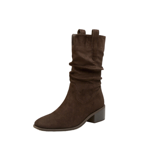 增高8cm~ 堆堆靴子女2025秋冬V口显瘦美拉德粗跟中筒马丁靴