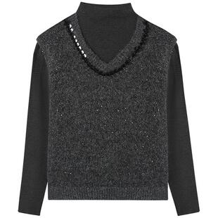 慕兔半高领t恤针织背心马甲两件套女2025冬新款法式叠穿上衣套装