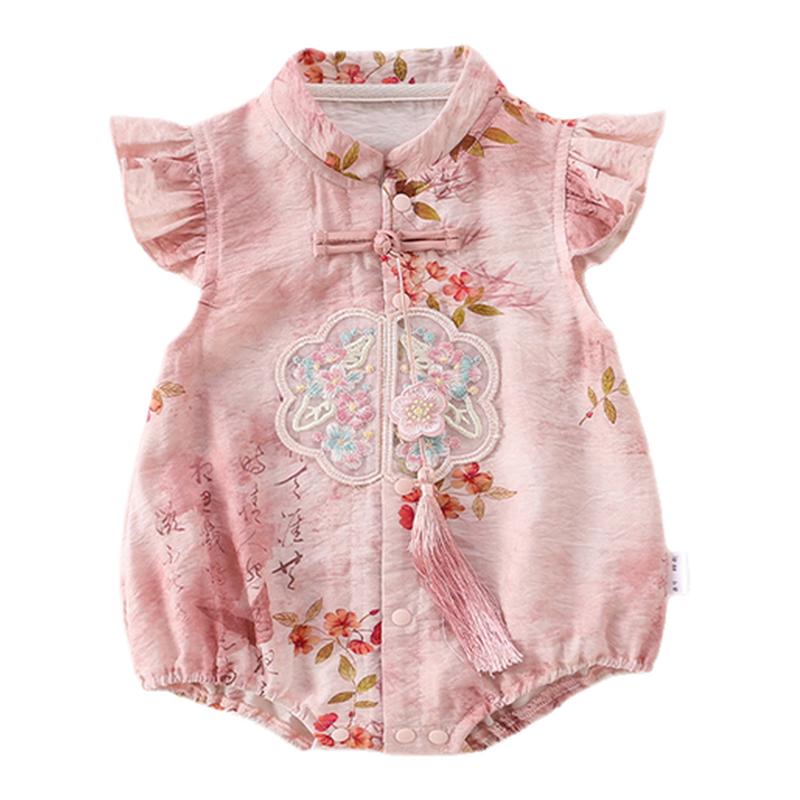婴幼儿夏季包屁衣女宝宝国风满月百天礼服小月龄哈衣外出薄款爬服