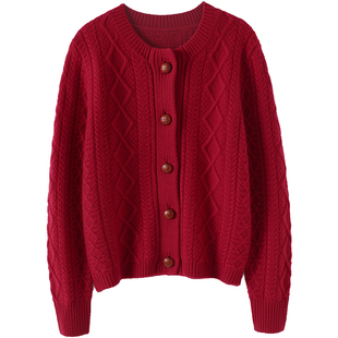 时髦气质！真皮包扣复古奶奶风羊绒开衫女纯羊绒毛衣针织加厚外套