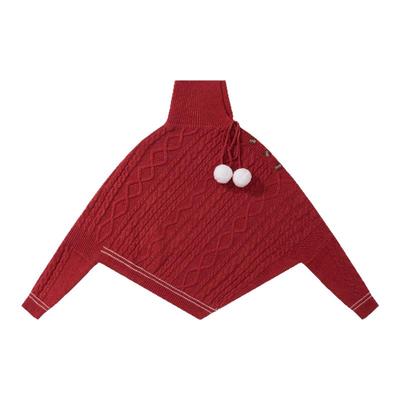 圣诞节红色高领麻花针织不规则斗篷毛衣女秋冬慵懒风宽松套头上衣