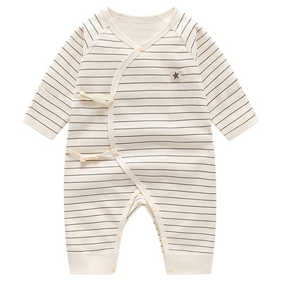 新生儿春秋纯棉绑带护肚连体衣