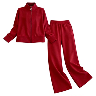 2025秋冬新款红色套装阔腿裤拉链宽松休闲运动服两件套大码长裤