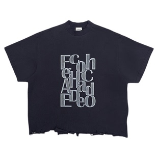 ECHOADE甄选100%精梳棉不规则做旧水洗破洞设计宽松小圆领字母T恤