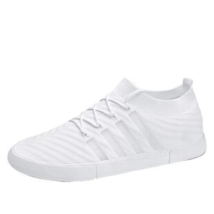 夏季男鞋透气薄款网面飞织袜子鞋一脚蹬小白帆布板鞋白色网鞋潮鞋