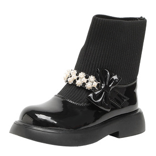 舞玛女童鞋子儿童公主靴2025新款秋冬季小女孩袜口酒红加绒短靴子