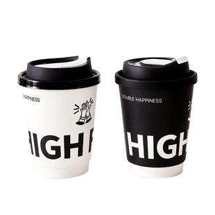 咖啡杯子一次性奶茶黑白字母纸杯双层专用外卖打包热饮杯带盖商用