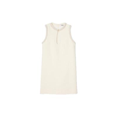 SANDRO Outlets秋冬女装法式时尚优雅米白色仿钻圆领镂空连衣裙