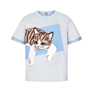 招财 重工橘猫刺绣格纹拼接速干宽松短袖T恤 山谷少年原创设计