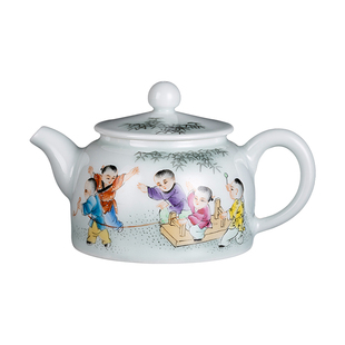 钟家窑陶瓷茶壶单壶 景德镇手工手绘粉彩婴戏图功夫茶200ml泡茶壶