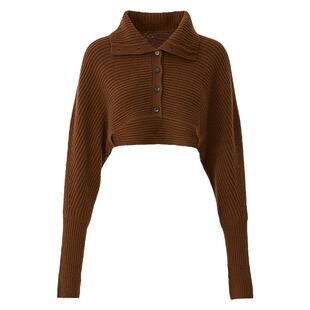 【会员价464元】AUM噢姆冬季深咖色可叠穿POLO领短长袖针织衫