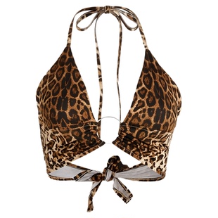 Leopard print deep V neck halter tie豹纹深V领挂脖系带内搭T恤