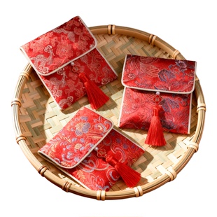 国潮红色织锦提花首饰袋流苏装饰高级感收纳袋锦囊喜钱喜糖福袋