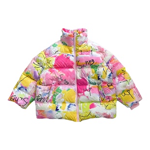 edo1一度童装25冬新款男女童设计感涂鸦羽绒服儿童加厚面包服外套