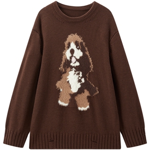 【商场同款】太平鸟羊毛混纺小狗图案短貂毛提花针织衫A3EEF4445