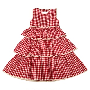 Domikids女童连衣裙2025年新款夏季红色格子背心裙女宝宝棉布裙子