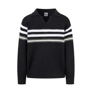 短句先生秋冬黑色条纹拼接 polo 领简约针织衫