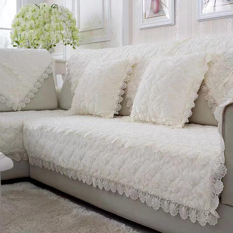 冬季白色毛绒沙发垫简约现代蕾丝沙发巾欧式沙发套罩通用防滑单人