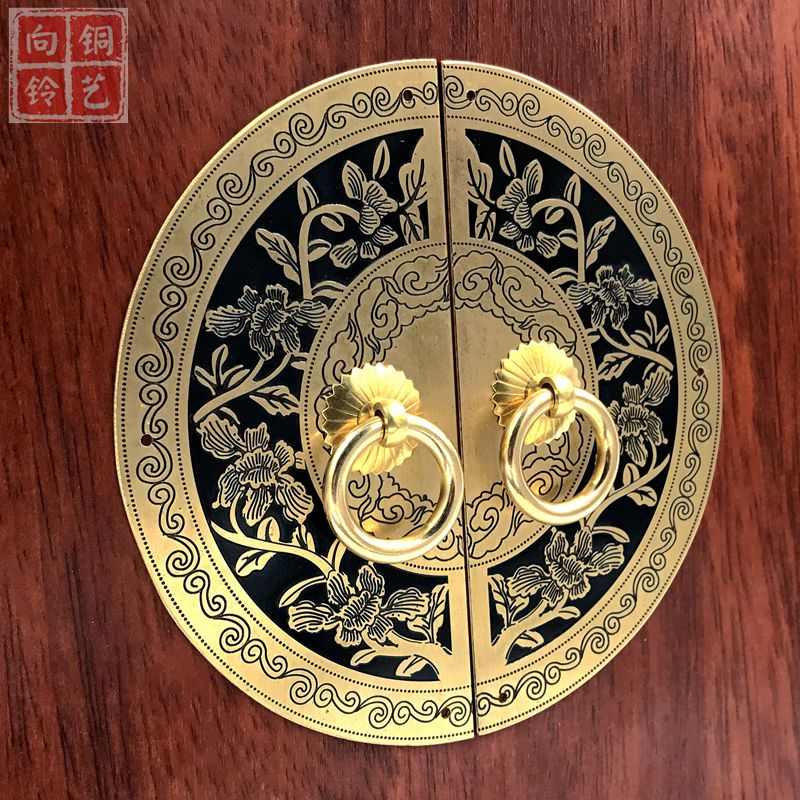 中式仿古橱柜把手明清家具铜配件纯黄铜圆形雕花书柜衣柜门铜拉手