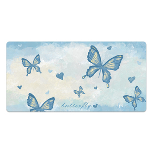 蓝色蝴蝶防水皮革鼠标垫超大号办公桌垫笔记本电脑书桌键盘滑鼠垫