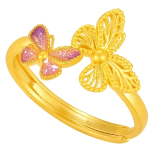 潮宏基花韵足金戒指黄金戒圈九紫离火蝴蝶珐琅计价生日礼物