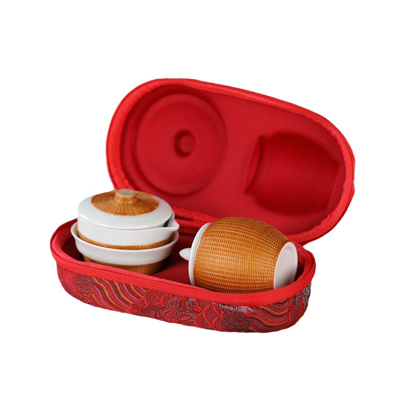竹丝扣陶瓷盖碗茶杯便携冰裂茶具