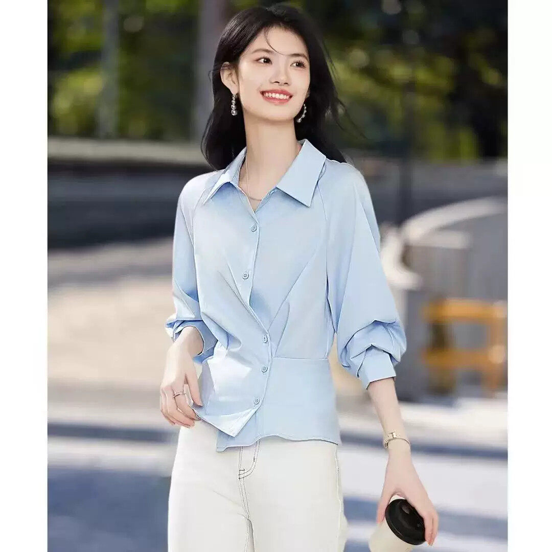 夏娃的女装奥特莱斯一线大牌专柜清仓设计感腰部褶皱收腰灯笼袖衬