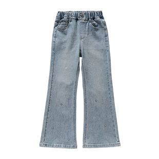 女童烫钻刺绣牛仔阔腿裤中大童百搭直筒长裤春秋新款钻石亮晶晶潮