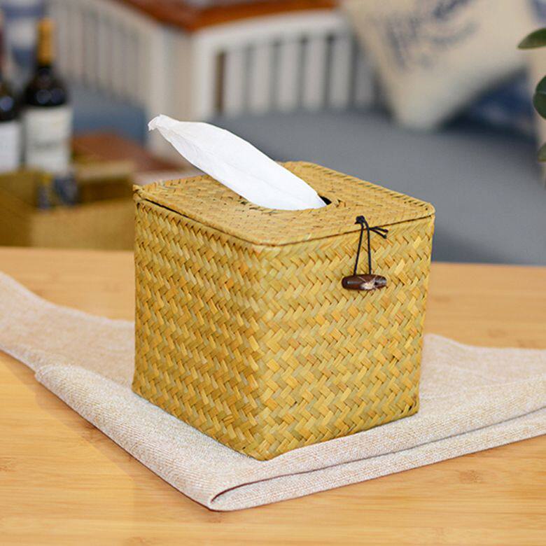 新品 简约风手工编织抽纸盒家用西餐厅酒店纸巾盒海草编制餐巾盒