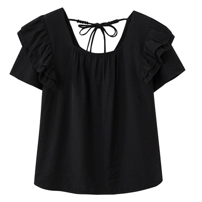 宽松大码荷叶边短袖方领雪纺衫