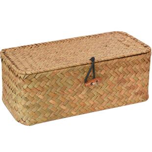 复古海草编织收纳盒带盖藤编收纳筐桌面整理箱竹编篮零食储物盒子