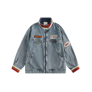美式复古撞色拼接立领牛仔夹克潮牌高街嘻哈牛仔衣外套男帅气衣服