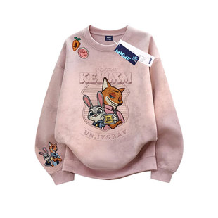 女童仿刺绣卡通疯狂动物城秋冬加绒扎染圆领卫衣长裤套装初中生潮