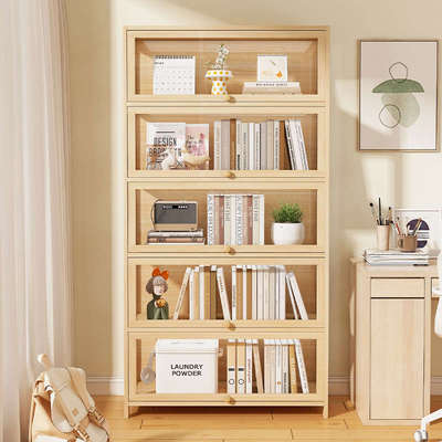 书架家用实木书柜一体靠墙边落地多层置物架防尘简易带门储物柜子