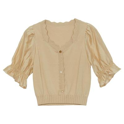 谜底套头针织衫短袖女夏季新品时髦拼接泡泡袖上衣242MZ0898