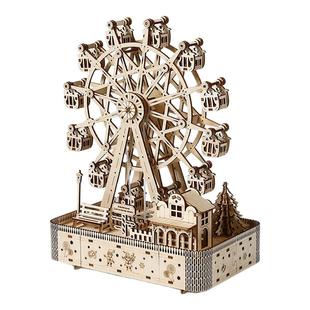 木制带灯音乐摩天轮拼图儿童益智拼装模型玩具摆件旋转八音盒积木