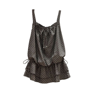 法式温柔风双层荷叶边格纹吊带背心女2026夏季高级感抽绳绑带上衣