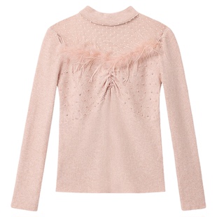 AZZHEN【柔雾流光】法式设计感网纱拼接针织衫钉珠褶皱修身打底