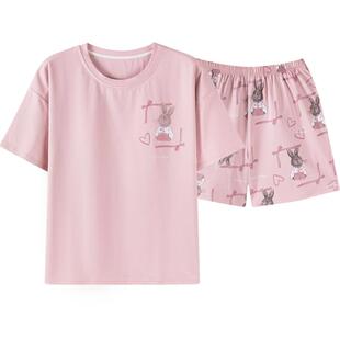 卡之恋女款睡衣夏季纯棉短袖短裤粉色卡通兔子爱心印花薄款家居服