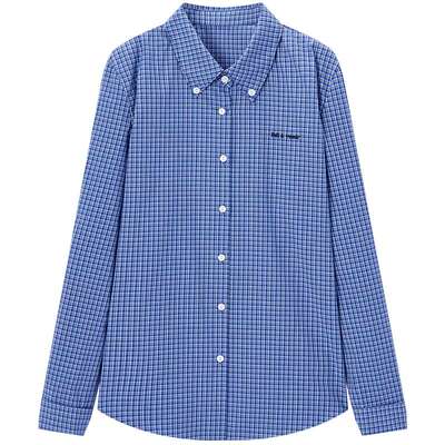 爱居兔miu系蓝格纹长袖衬衫女2025年秋季新款学院风正肩长袖上衣